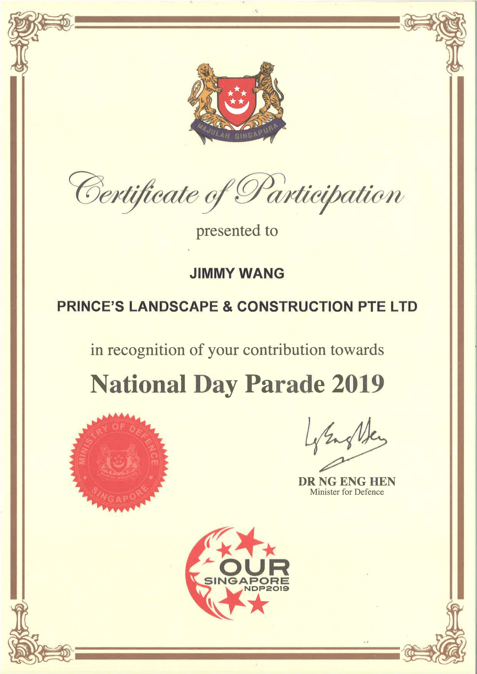 First-rate Christmas Decoration Company - NDP-Certificate - Prince's Landscape Pte Ltd