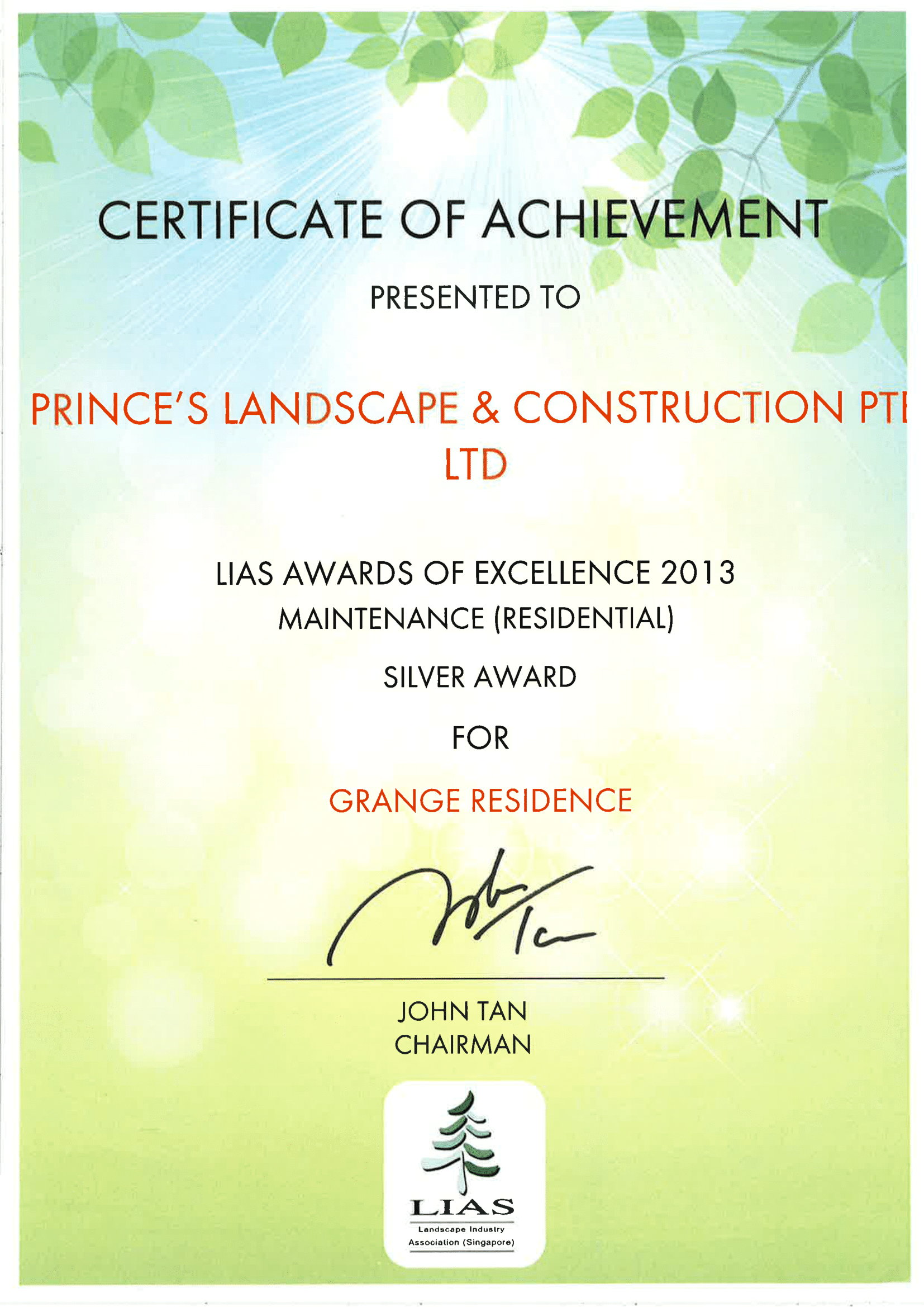 Lovely Christmas Tree Decorations - PLPL-Award-LIAS-Grange-Residences-Certificate - Prince's Landscape Pte Ltd