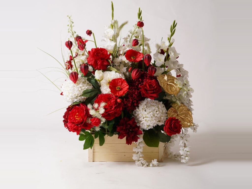 Crimson romance flower arrangement rental Singapore Crimson red, white and gold flower arrangement for corporate events in Singapore