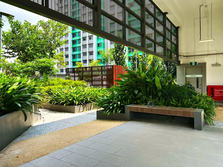 Sky garden seating area with planters at Keat Hong Verge
