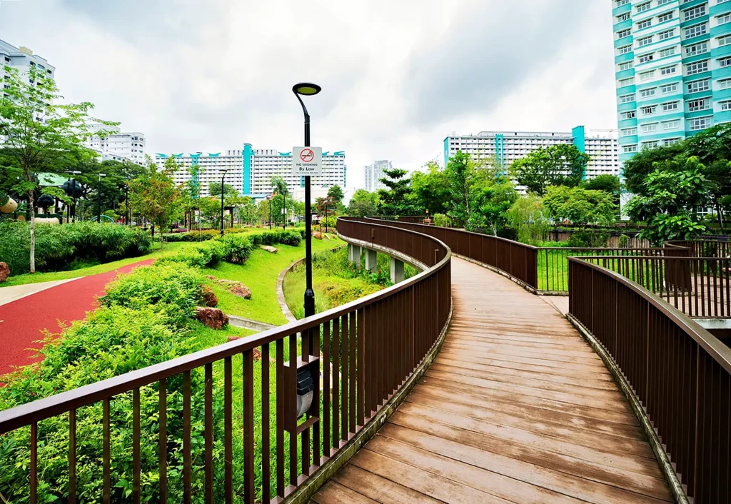 Boardwalk over the planted dry pond at Whampoa Park, an ABC Waters certified park